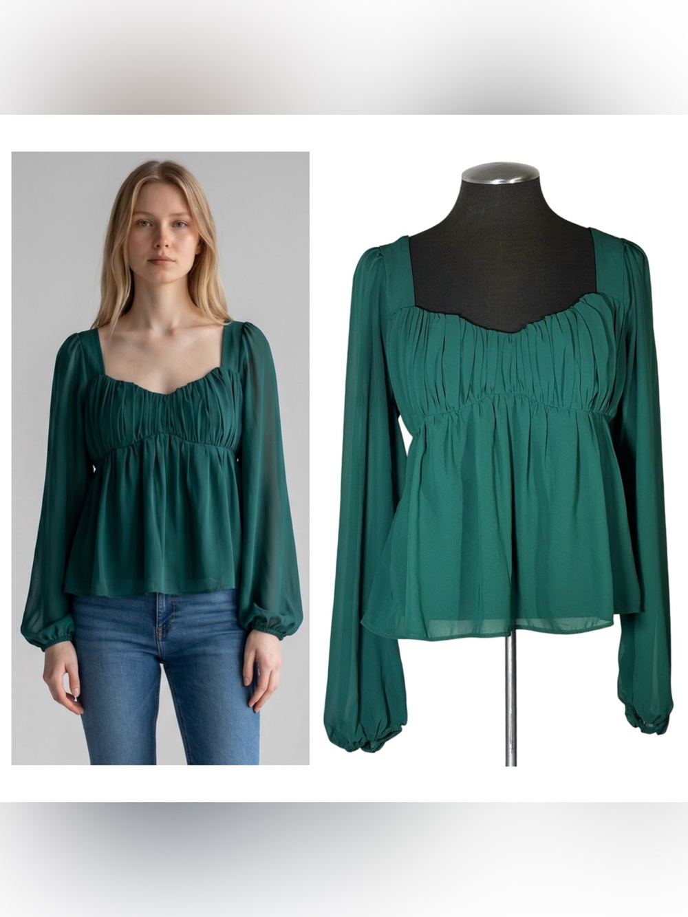 Abercrombie & Fitch – Emerald Green Babydoll  Smocked Long Sleeve Top - Large